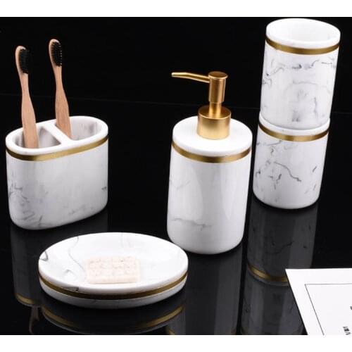 2020 Ceramic Marble Pattern Bathroom Kit Wash Set Bathroom Accessories Set Tray Toothbrush Holder Set Liquid Soap Dispenser