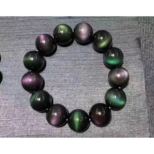 Natural Black Obsidian Rainbow Gemstone Round Beads Stretch Bracelet 14 mm AAAA