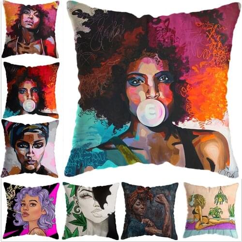 Graffiti African Girl Pillow Case Watercolor African Woman Portrait Art Short Plush Pillow Cover Pictures Home Room Decor