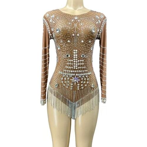 New Shiny Rhinestone Pearls Transparent Short Bodysuits Women Dancer Long Sleeve Outfit Birthday Celebrate Prom Bodysuits