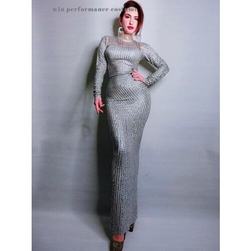 Formal Women Dress Silver Gray Rhinestones Long Sleeve Skinny Dress Party Celebration Stage Star Singer Host Showing Guest