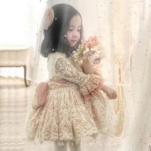 3PCS Spring Summer Lace Vintage Palace Spanish Lolita Ball Gown Princess Pink Dress for Bady Girl Birthday Party Easter Wedding