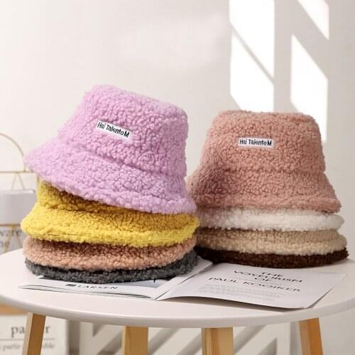 New Korean Candy Colors Faux Fur Warm Bucket Hat Ladies Winter Basin Cap Women Outdoor Panama Female Fashion Letter Embroidery