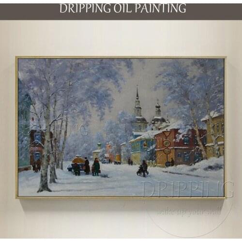 Wonderful Wall Art Hand Painted Winter Scenery Oil Painting on Canvas Handmade Beauty Russian Landscape Street View Oil Painting