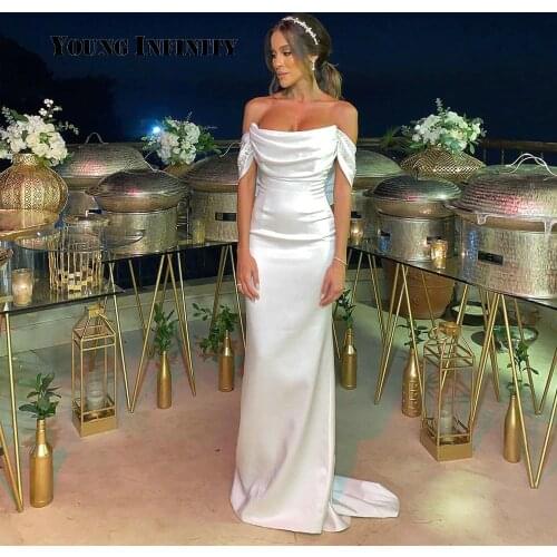Romantic Off Shoulder Sheath Wedding Dress 2020 Satin Saudi Arabia Elegant Bridal Gown Backless Dubai Large Size Custom Made