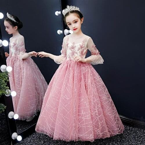 Pink Tulle Girls Princess Dress Elegant Flower Girls Costume Bead Sequin Embroidery Children Party Wedding First Communion Gown