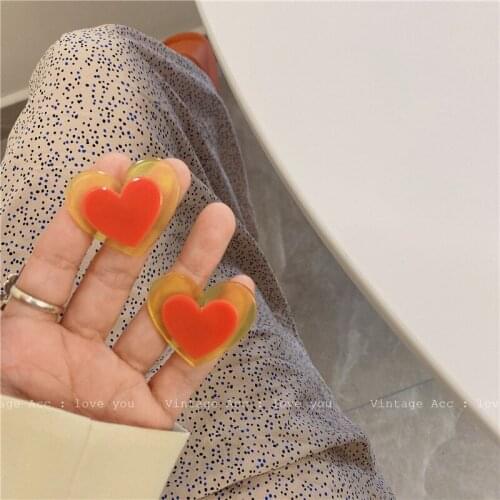 Korean Retro Double Color Love Earrings Korean Version Heart - Shaped Resin Earrings Lovely Girl Fashion Color Love Earrings