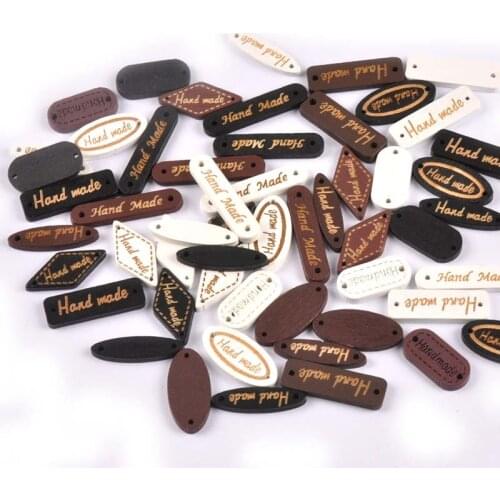 Mixed Shape 50Pcs Wooden Button "Hand Made" Tags Clothes Sewing Accessories For Scrapbooking Wood Crafts DIY 2 Holes M1869