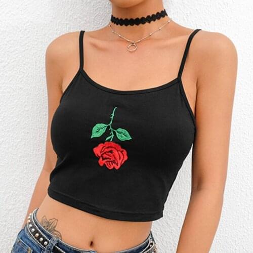 Sexy Floral Camis Top Women Rose Embroidery Party Club Streetwear Spagehtti Strap Elastic Crop Tops Fancy Sling Camisoles