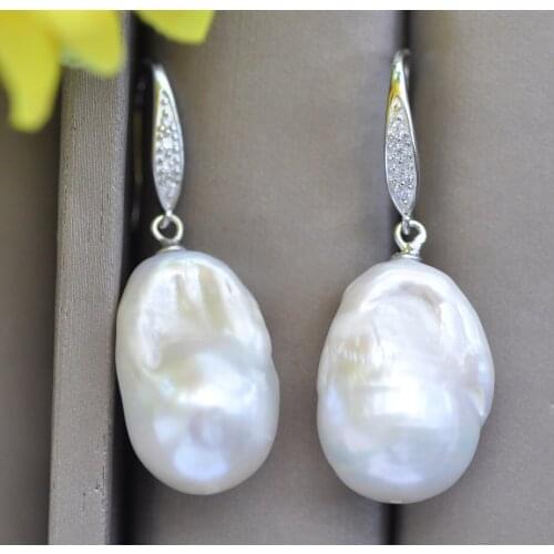 Z9991 23mm White Baroque Keshi Reborn Pearl Dangle Earring CZ