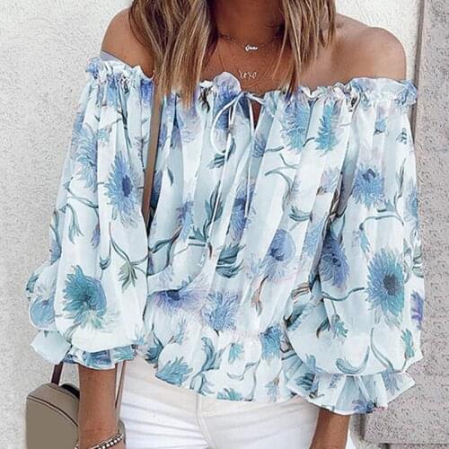 Women Fashion Blouse New Style Off Shoulder Drawstring Floral Chiffon Shirt Slim Long Sleeve Short Top 2021