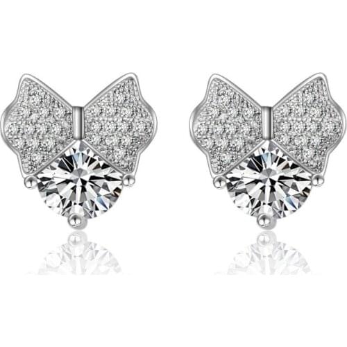 Hot Women 925 Sterling Silver Earring For Wedding Engagement Jewelry Accessory Bow Clear Crystal Rhinestone Stud Earrings