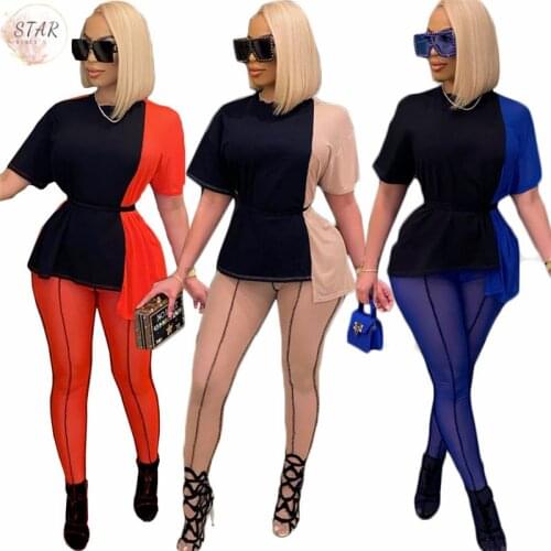 Two Piece Set Women Casual Outfits Short Sleeve Patchwork Top and Mesh Leggings Office Lady Streetwear Wholesale Dropshipping