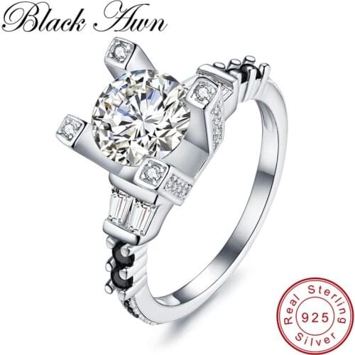 [BLACK AWN] Eiffel Tower Engagement Rings for Women 925 Sterling Silver Jewelry Black Spinel Classic Finger Ring Bague C256