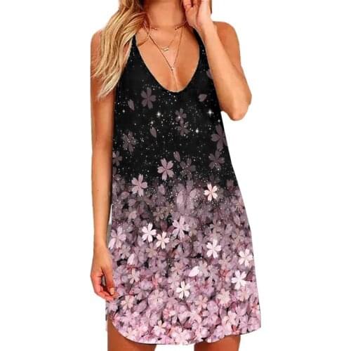 Women Sexy Halter V-neck Floral Print Tank Short Dress Summer Hollow Out Butterfly Backless Casual Loose A-line Mini Vestido XXL
