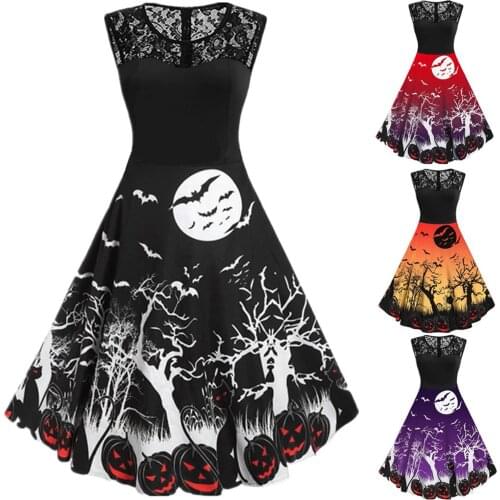 Women Halloween Dress Pumpkin Print Sleeveless Lace Splicing Big Swing Dresses 50s Vintage Cocktail Party Prom Gown Vestido