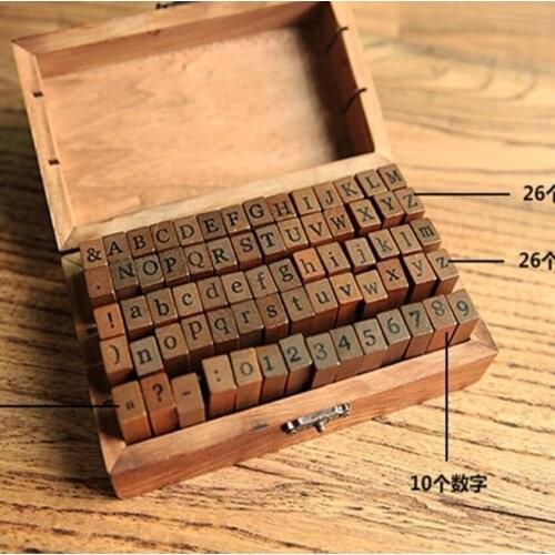 70pcs DIY Number Alphabet Combination Letter Stamp Diary Ablum Wedding Letter Wood Rubber Stamp Set with Vintage Wooden Box Gift