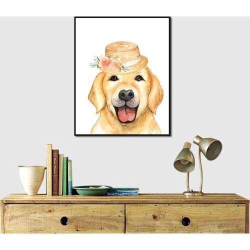 Abstract Animal Dog Flowers Watercolor Canvas Painting Wall Art Picture Posters Print Wallpaper Living Room Bedroom Decoration