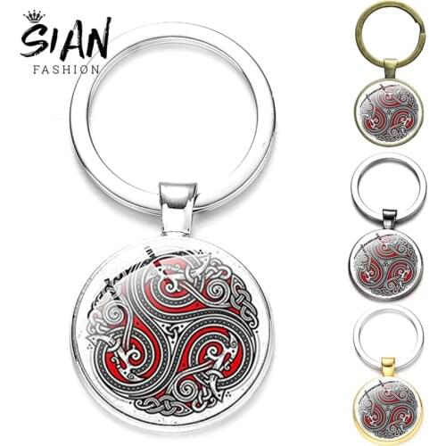 SIAN New Arrival Red Celtic Triskel Triple Spiral in Black and Gold Gold Plated Glass Cabochon Pendent Keychains For Men Women