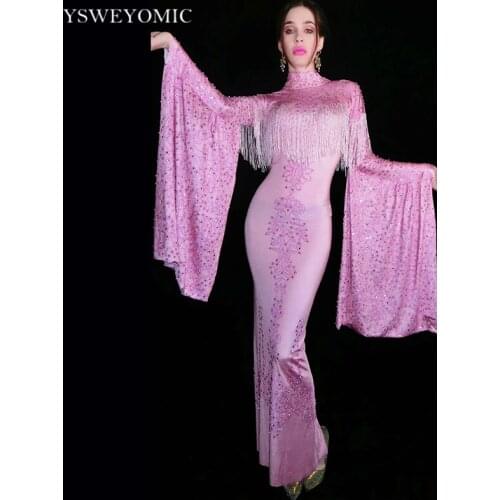 Sparkly Pink Rhinestone Fringe Spandex Long Dress Birthday Long Dress Show Performance Outfit Party Birthday Dress for Women