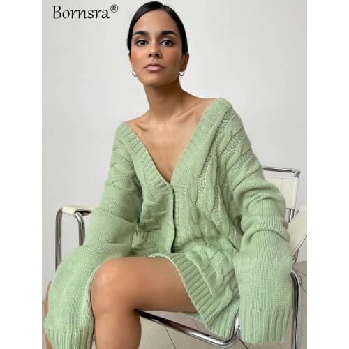 Bornsra 2021 Autumn Winter New Knitted Sweater Womens Lazy Wind Loose Mid-length Knitted Cardigan Jacket Women