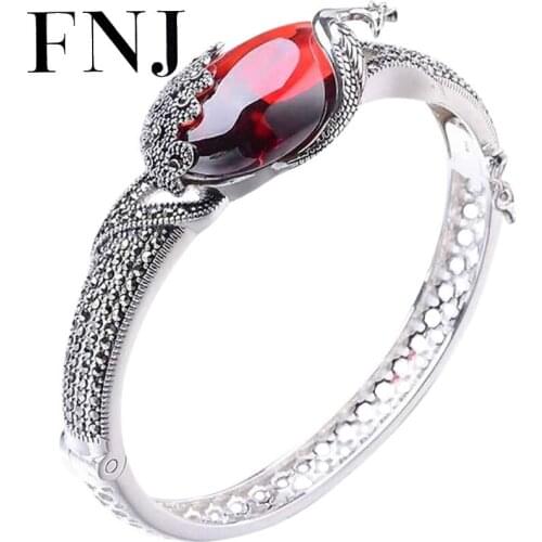 FNJ 925 Silver Peacock Bangles for Women Jewelry 100% Original S925 Sterling silver Bangle Green Yellow Agate Garnet Red Zircon