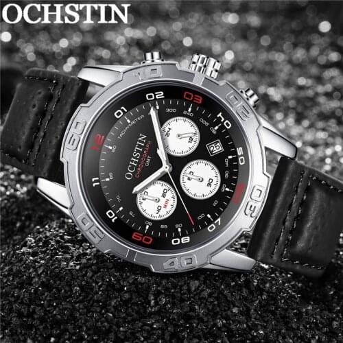 OCHSTIN Man WristWatch Chronograph Auto Date Sport Men Watch Military Top Brand Luxury Black Genuine Leather Male Clock 6116