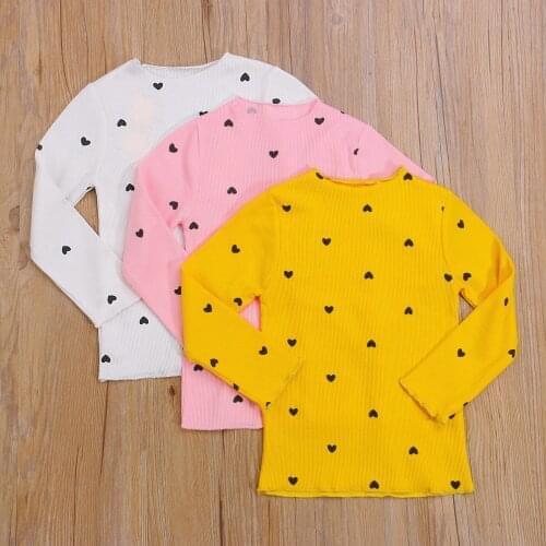 Toddlers Girls Spring Autumn T-shirt Little Girls Creative Heart Pattern Long Sleeve Ribbed Tops Children Infant Casual Clothes