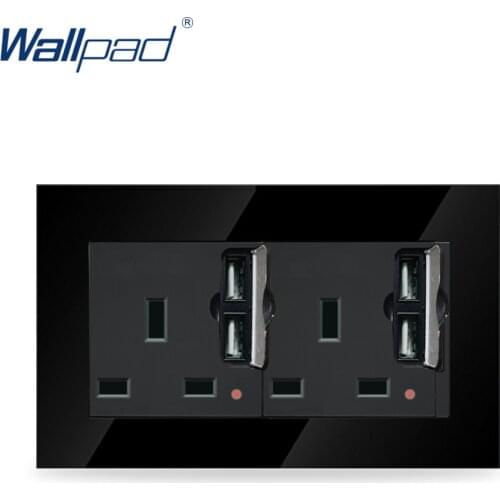 Double UK Socket with Dual USB Wallpad Black Glass 146*86mm Double 13A UK Socket with 4 USB Charging Ports with LED