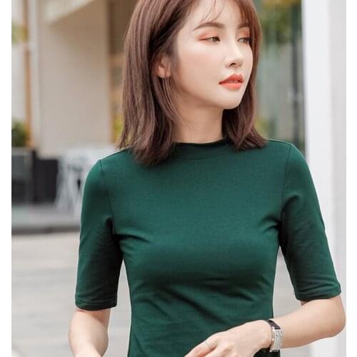 95% Cotton Women T-shirt O-neck Short Sleeve women shirt All match Lady Top Black White Gray Yellow Shir