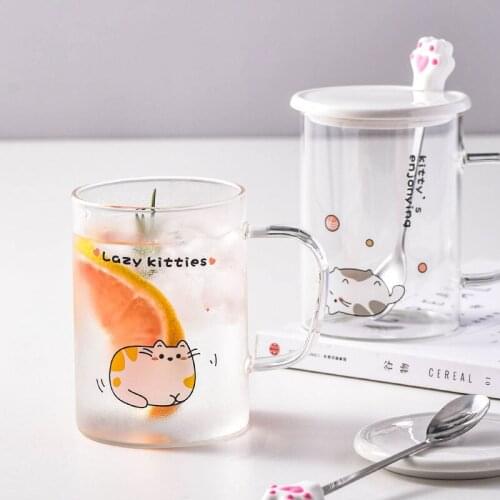 Ins Style450ml Cute Cat Heat Resistant Glass Mugs Handle Drinkware With Spoon and Lid Coffee Tea Milk Breakfast Cups Nice Gifts