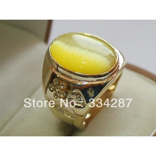 Beautiful Yellow Double-heart shape Cats eye Stone Mens Gift Jewelry Ring 13X18MM Bead Size:8~12