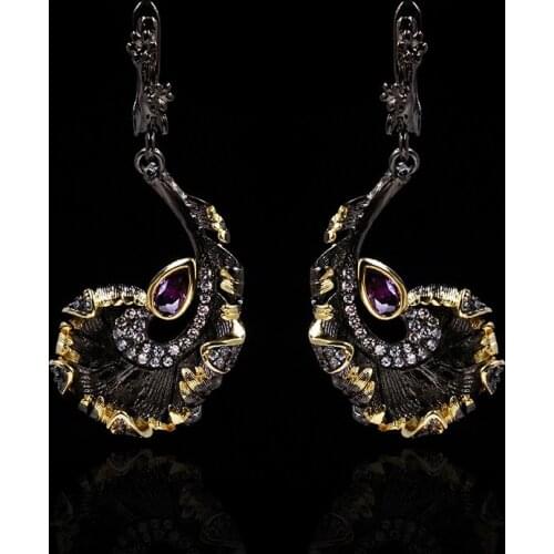 Creative Black Gold Jewelry Curly Leaf AAAA Zircon Earrings 925 Silver Irregular Earrings Ladies Jewelry Long Earrings