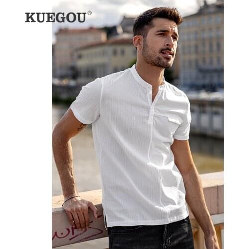 KUEGOU Cotton spandex Mens short sleeve T-shirt Fashion simple Stand Collar Patchwork Tshirt For men Summer Tee$top DT-5735