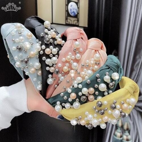 Fashion Rhinestone Pearl Hairband Women Solid Wide Side Headband Middle Knot Turban Girls Hair Accessories Headwear