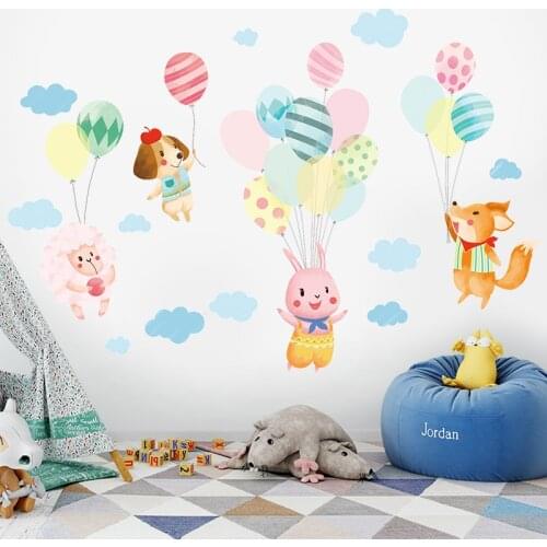 Cartoon Rabbit Dog Colorful Balloon Wall Sticker Cute Animal Kid Room Bedroom Nursery Mural Decals DIY Vinyl Dorm Creative Decor