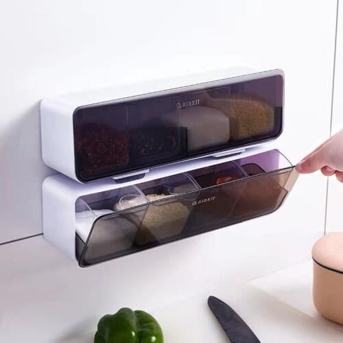 Wall Mounted Kitchen Condiment Set Spice Storage ,Organizer Plastic Box Seasoning ，4-compartment Integrated Spice Storage Box