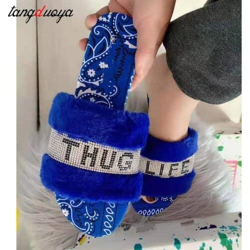 2021 Fashion New Bling Women Plush Slippers Fur Slides Rhinestones Home Flat Women Warm Slippers Casual Slippers Fluffy size 43