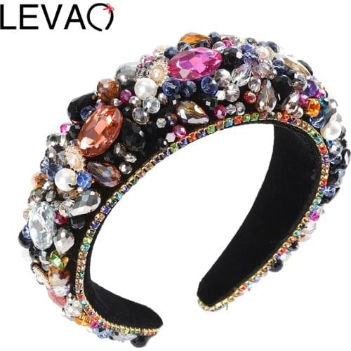 LEVAO Luxury Full Rhinestone Headband for Women Padded Hairband Beaded Crystal Stone Wide Headwear Glitzy Hair Accessories