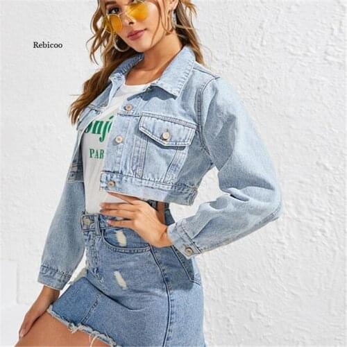 Autumn Casual Cropped Black Jean Jacket Women Denim Jackets Autumn Winter Coat Pocket Plus Size Denim Jacket Veste En Jean Femme