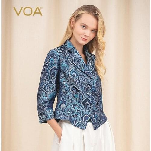 VOA satin large color-dyed silk suit collar nine-point sleeves mid-rise slim-fitting short all-match stitching jacket W7325