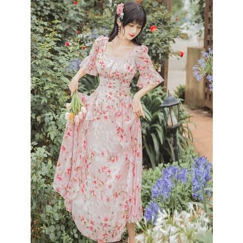 French romantic floral Maxi Dress Holiday Style Thin Temperament Square Collar Flare Sleeve Fashion Irregular Ruffle Retro Dress
