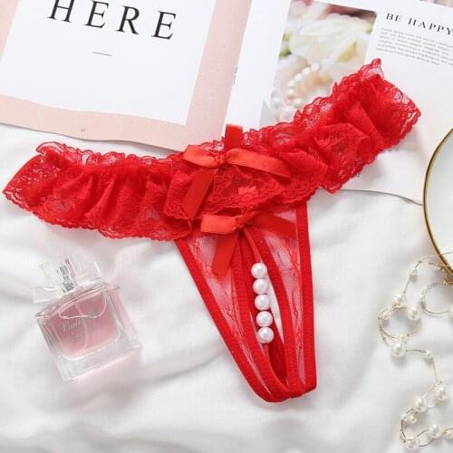 Sexy Hollow Out Hot Women Lingerie G-String Double Strap Pearl Massage Underwear Thong Solid Color Low Waist Temptation Panties