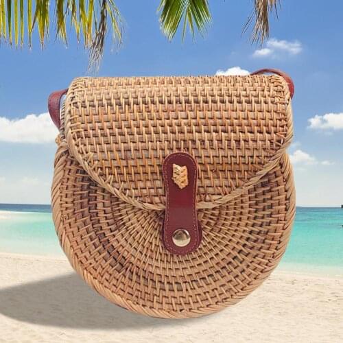 Shoulder Bag Rattan Hand-Woven Beach Bag With Leather Snap Fastener Storage Straw Bag womens bag 2021
