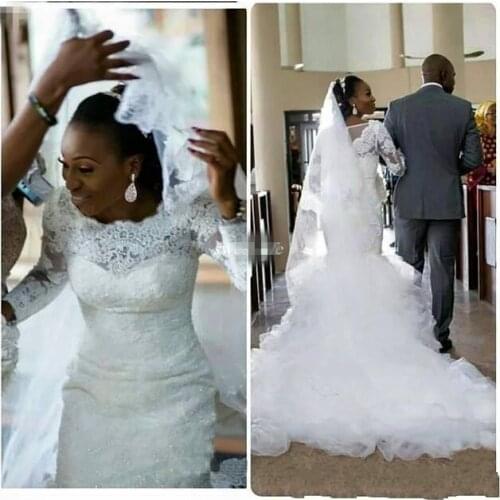 Wedding Dresses Mermaid Style Lace Sleeves Scoop Ruffles Chapel Train Vintage Arabic African Bridal Gowns Custom Made Wedding