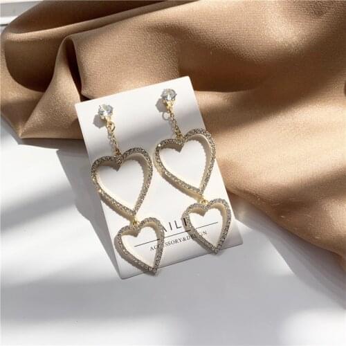 Big Hearts Cubic Zircon Simple Clip on Earrings Women Long Shiny Vintage Earrings