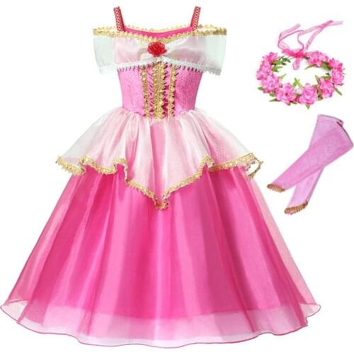 Girls Princess Party Aurore Dress Cosplay Sleeping Beauty Costume Kids Pink Sequined Halloween Dresses Children Fancy Clothes