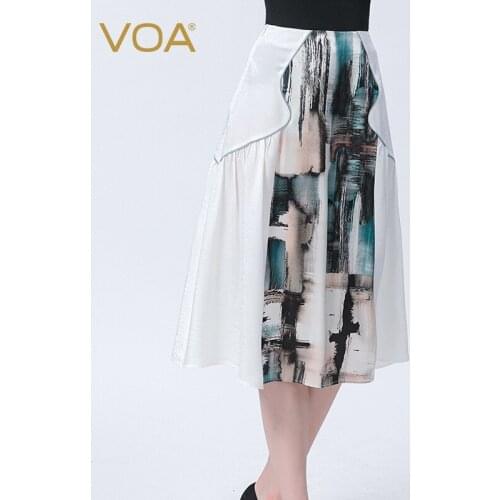 VOA Silk Dark Jacquard Natural Waist Printing Fold Collision Splicing Invisible Pull Fresh Joker Skirt CE106 Casual Mid Skirt