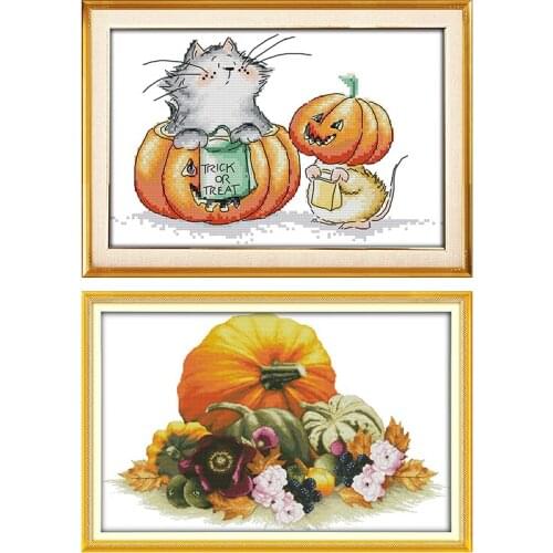 Pumpkin Patterns Chinese Cross Stitch Kits Printed Fabric 14CT 11CT The Cat and Mouse Cross-stitch Set Embroidery Needlework Set