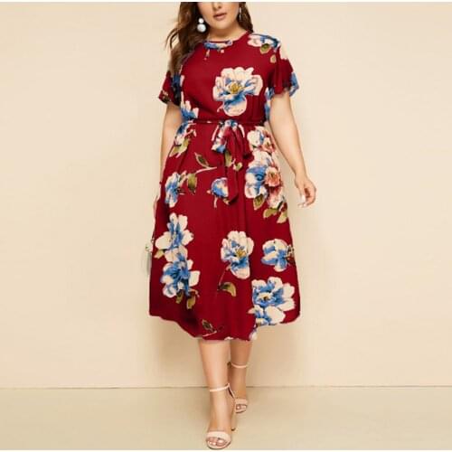 5XL Plus Size Dress Women Casual 2021 Summer Short Sleeve Floral Print Boho Beach Dress Belted Ladies Tunic Maxi Long Dresses